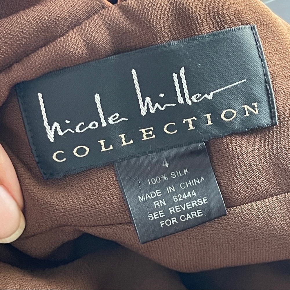 NICOLE MILLER | 100% Silk Patterned Deep V-neck Midi Cocktail Dress Sz 4 - Picture 9 of 9